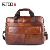 AETOO Genuine Leather Real Leather Laptop Bag Business Handbags Cowhide Men Crossbody Bag Men's Travel Brown Leather Briefcase