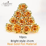 Asklove 5-10pcs Real 24K Gold Foil Rose Flower Gold Rose Plated Valentine's Day Gift Wedding Decor Lover Rose Artificial Flowers