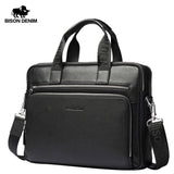 BISON DENIM Genuine Leather Briefcases 14" Laptop Handbag Men's Business Crossbody Bag Messenger Shoulder Bags for Men