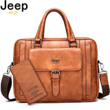 JEEP BULUO Big Size Split Leather Business Handbag Male Shoulder Travel Bag office Men Briefcase Bags For 15.6 inches Laptop