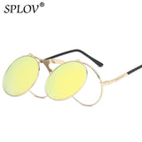 SPLOV Vintage Steampunk Flip Up Men Sunglasses Women Retro Round Metal Frame Sun Glasses Hinge Design Curved Glasses Legs UV400