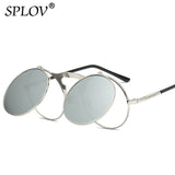 SPLOV Vintage Steampunk Flip Up Men Sunglasses Women Retro Round Metal Frame Sun Glasses Hinge Design Curved Glasses Legs UV400