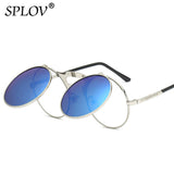 SPLOV Vintage Steampunk Flip Up Men Sunglasses Women Retro Round Metal Frame Sun Glasses Hinge Design Curved Glasses Legs UV400