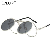 SPLOV Vintage Steampunk Flip Up Men Sunglasses Women Retro Round Metal Frame Sun Glasses Hinge Design Curved Glasses Legs UV400