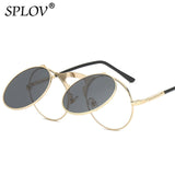 SPLOV Vintage Steampunk Flip Up Men Sunglasses Women Retro Round Metal Frame Sun Glasses Hinge Design Curved Glasses Legs UV400