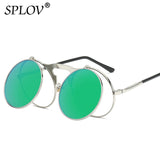 SPLOV Vintage Steampunk Flip Up Men Sunglasses Women Retro Round Metal Frame Sun Glasses Hinge Design Curved Glasses Legs UV400