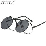 SPLOV Vintage Steampunk Flip Up Men Sunglasses Women Retro Round Metal Frame Sun Glasses Hinge Design Curved Glasses Legs UV400