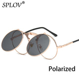 SPLOV Vintage Steampunk Flip Up Men Sunglasses Women Retro Round Metal Frame Sun Glasses Hinge Design Curved Glasses Legs UV400