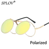 SPLOV Vintage Steampunk Flip Up Men Sunglasses Women Retro Round Metal Frame Sun Glasses Hinge Design Curved Glasses Legs UV400