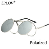 SPLOV Vintage Steampunk Flip Up Men Sunglasses Women Retro Round Metal Frame Sun Glasses Hinge Design Curved Glasses Legs UV400