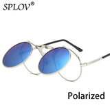 SPLOV Vintage Steampunk Flip Up Men Sunglasses Women Retro Round Metal Frame Sun Glasses Hinge Design Curved Glasses Legs UV400