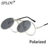 SPLOV Vintage Steampunk Flip Up Men Sunglasses Women Retro Round Metal Frame Sun Glasses Hinge Design Curved Glasses Legs UV400