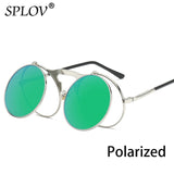 SPLOV Vintage Steampunk Flip Up Men Sunglasses Women Retro Round Metal Frame Sun Glasses Hinge Design Curved Glasses Legs UV400