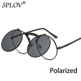 SPLOV Vintage Steampunk Flip Up Men Sunglasses Women Retro Round Metal Frame Sun Glasses Hinge Design Curved Glasses Legs UV400