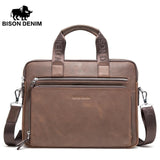 BISON DENIM Brand Men's Briefcase Satchel Bags Genuine leather 14" Laptop Handbag Business Crossbody Shoulder Bags