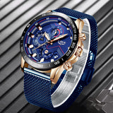 2019 New LIGE Men's Blue Casual Mesh Belt Fashion Quartz Gold and Waterproof Watch